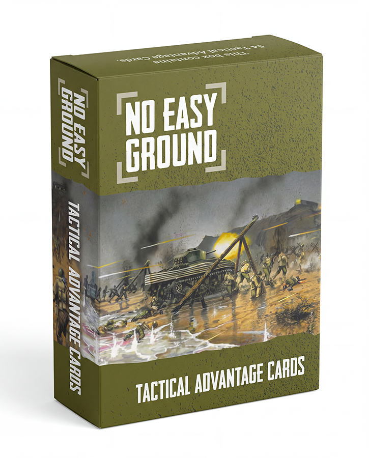 The product box for 'No Easy Ground: Tactical Advantage Cards' is shown at a three-quarter angle against a white background. The box features an olive green textured design with a detailed illustration of a military tank battle on the front cover.