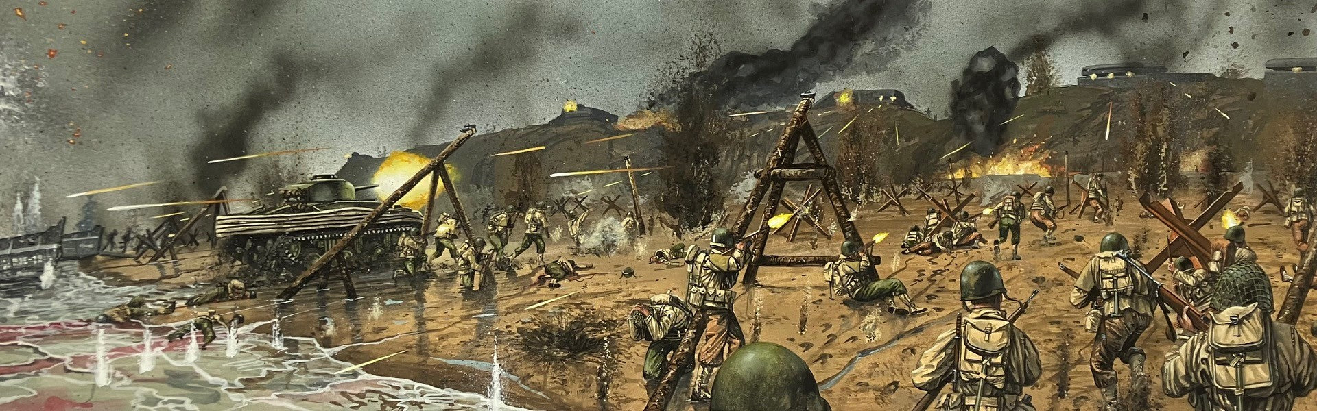 A dramatic historical battle scene painting showing soldiers, tanks, artillery, smoke, and fire in a muddy battlefield environment.