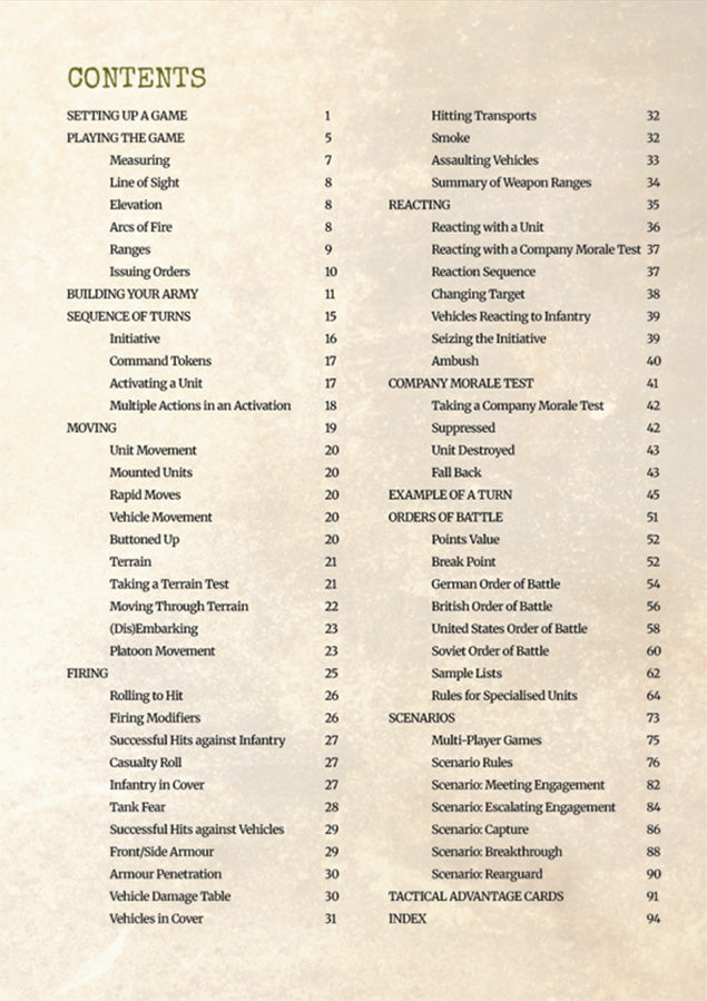A printed table of contents page from a game manual or book, with black text on a warm beige parchment-like background.