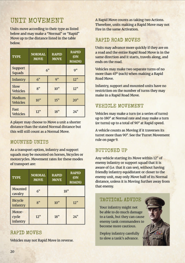 A printed informational page titled 'Unit Movement' with text and tables explaining military movement types, plus a small black-and-white photo of a soldier in the lower right corner.