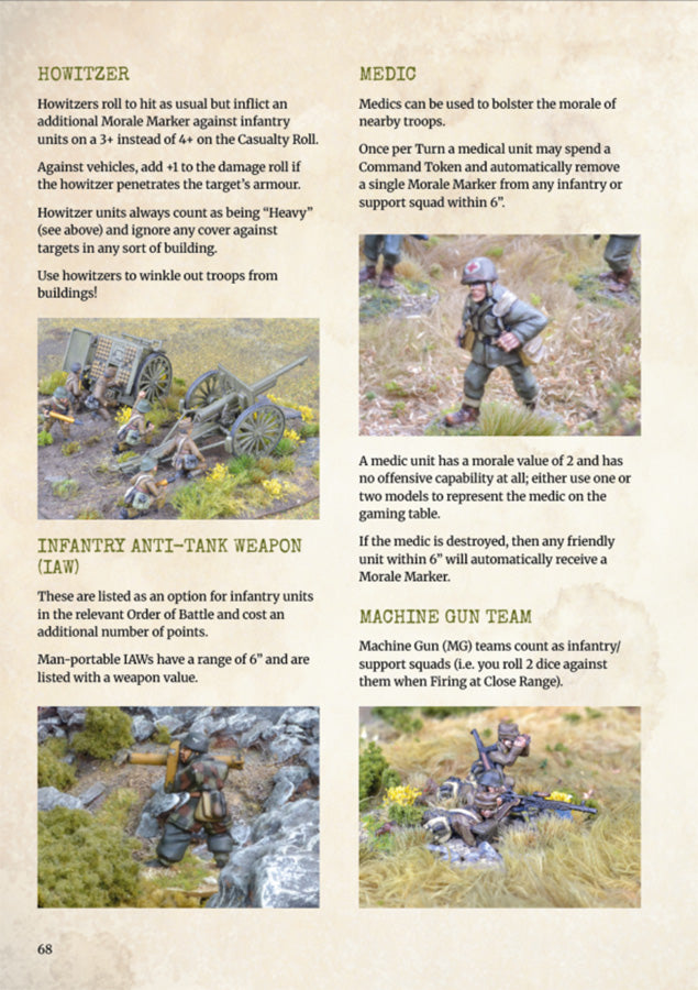 A scanned military tactics booklet page showing rules and illustrations for 'Howitzer', 'Medic', 'Infantry Anti-Tank Weapon (Law)', and 'Machine Gun Team' units, with text columns and small photos of soldiers on a tan paper background.