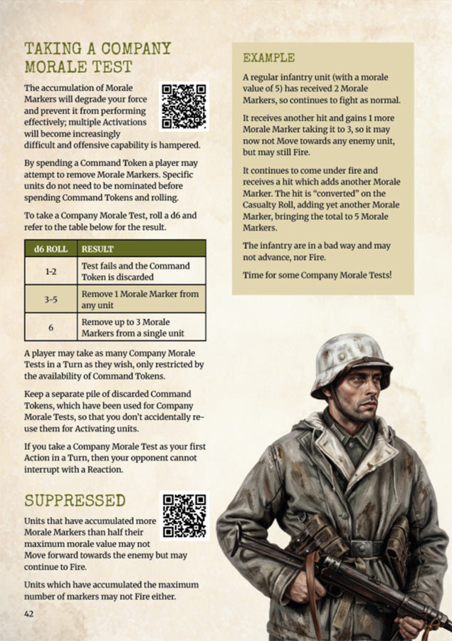 A printed informational page titled 'Taking a Company Morale Test' with text, a 'do roll' table, a QR code, and a small example section. The page is mostly off-white/cream with tan panels and black text, plus a tiny illustration in the bottom right corner.