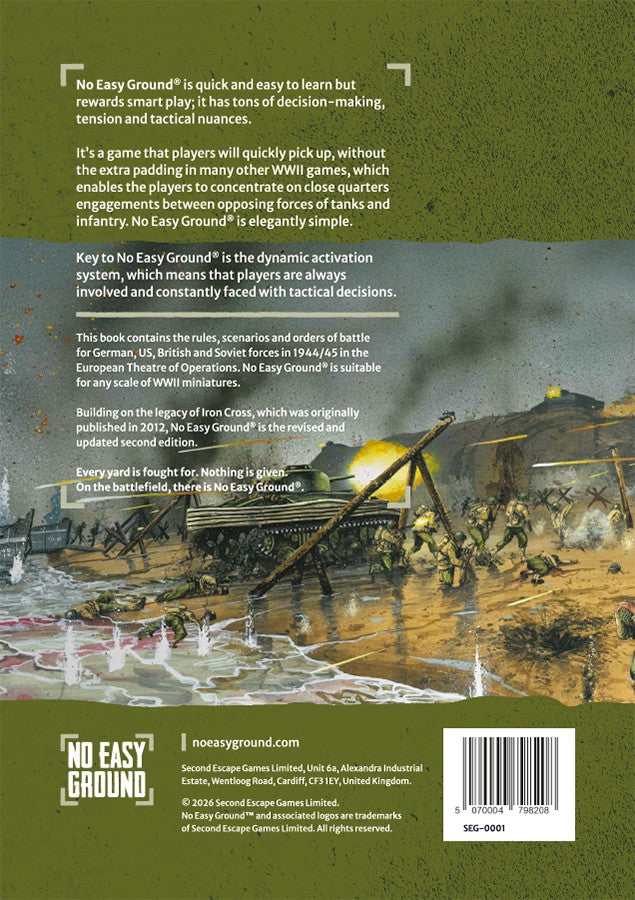 Back cover of the book No Easy Ground: A History of Iron Cross, featuring a dark olive green background with white text blocks, a central black-and-white battle scene illustration, and publisher details at the bottom.