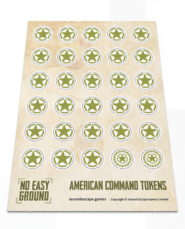 A sheet of 'American Command Tokens' from the board game Second Empire Games, featuring olive green five-pointed stars inside white circles on a beige background.