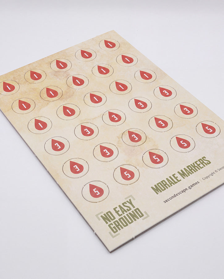 Two beige game marker sheets with red teardrop-shaped markers numbered 1 through 6, labeled 'No Easy Ground' and 'Morale Markers' on a white background.