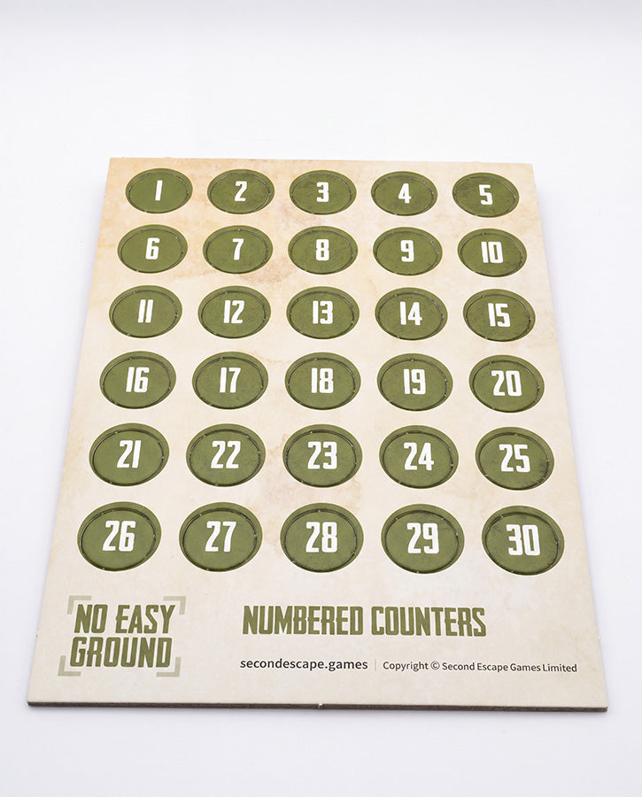 A printed card or sheet containing 30 olive green circular counters numbered 1 to 30, with the text 'NO EASY GROUND' and 'NUMBERED COUNTERS' on a light beige background.